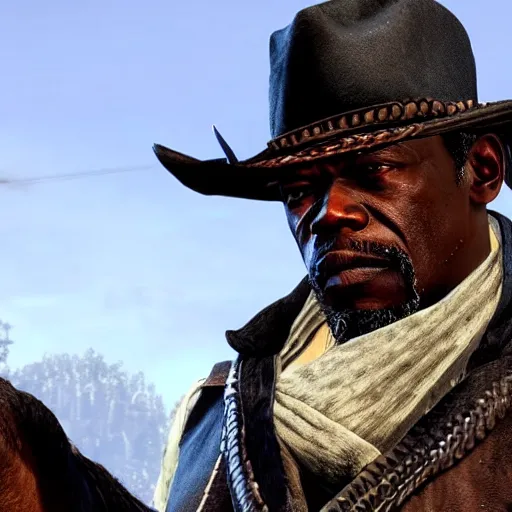 Image similar to film still of Sam Jackson in the Red Dead Redemption movie