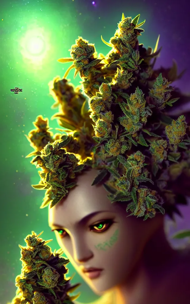 Image similar to epic scale cinematic marijuana goddess character concept perfect focus closeup macro photography of a beautiful marijuana bud crystals trichomes, densely packed buds of weed, sacred dmt weed superheroine visionary fantasy art by greg rutkowski android jones artgerm alphonse chroma rule of thirds golden ratio alien plants