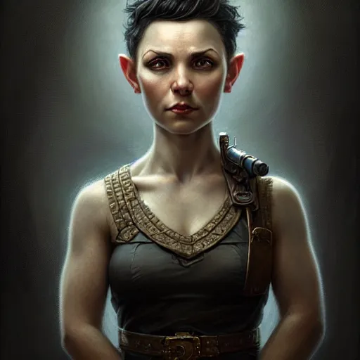 Prompt: portrait of a beautiful cute strong brave realistic female gnome engineer, short black hair, textured undercut hair, d & d, micro detail, intricate, elegant, highly detailed, centered, rule of thirds, artstation, sharp focus, illustration, artgerm, tomasz alen kopera, donato giancola, wlop