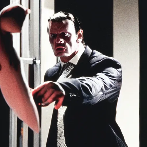 Prompt: The Undertaker as The American Psycho, cinematic still, sweating hard