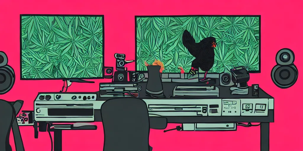 Image similar to 'black chicken'!!! smoking 'cannabis'!!!!!! in front of 'audio console'!!!! and 'multi monitors'!!!! 'in a hi-tech tv broadcasting studio'!!!!, artwork by James Gilleard