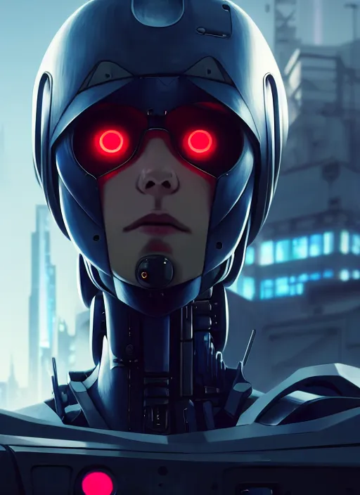 Prompt: a film still portrait of a confident cyberpunk assassin robot, finely detailed features, closeup at the faces, bokeh, perfect art, at an cyberpunk city, intricate, anime, gapmoe grimdark, artstation, trending on pixiv fanbox, painted by greg rutkowski makoto shinkai takashi takeuchi studio ghibli, akihiko yoshida