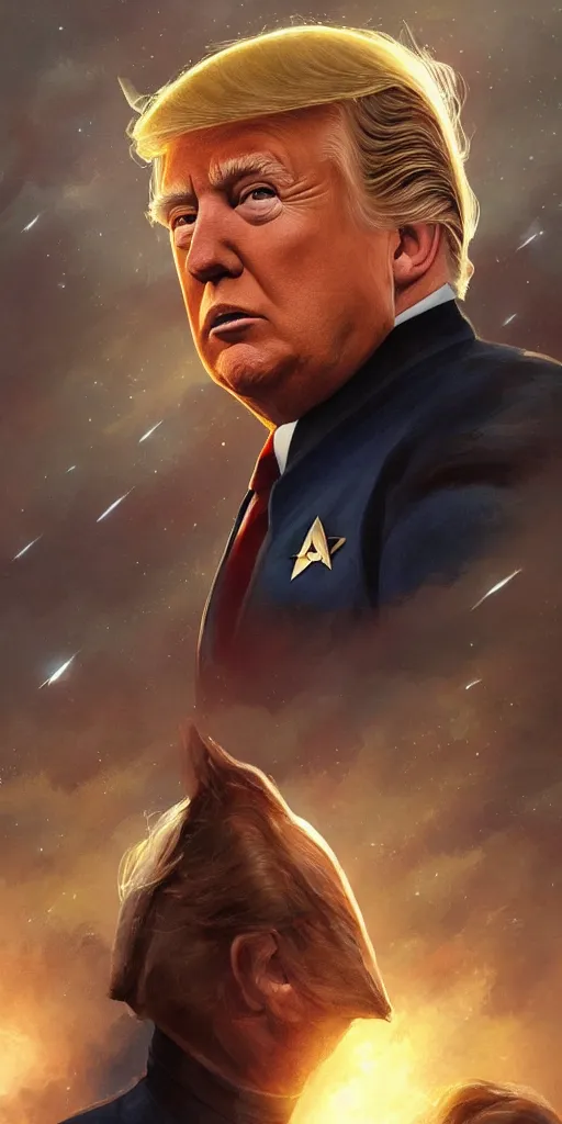 Prompt: portrait of Donald Trump wearing his starfleet captains uniform, realistic character concept, high fantasy, light atmosphere, golden ratio, cinematic lighting, hyperdetailed, high resolution, insanely detailed and intricate, artstation, Marc Simonetti, Greg Rutkowski