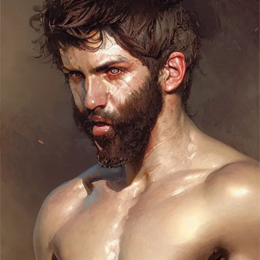 Prompt: young gladiator man with a trim beard, athletic, dopey expression, holding a net, fantasy character portrait by greg rutkowski, gaston bussiere, craig mullins