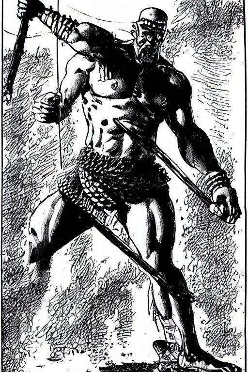 Image similar to ancient historically accurate depiction of the Bible Character Goliath of Gath, the Philistine warrior giant by frank miller