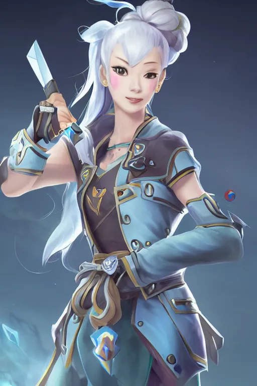 Image similar to a south korean female from paladins, white ponytail hair, she is holding a kunai, cloud tattoos on her arms, wearing light blue short jacket, highly detailed digital art, character design, masterpiece