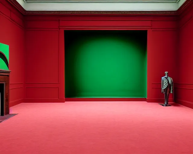 Image similar to city sized clay sculpture in a huge room. a green red and black painting by Magritte