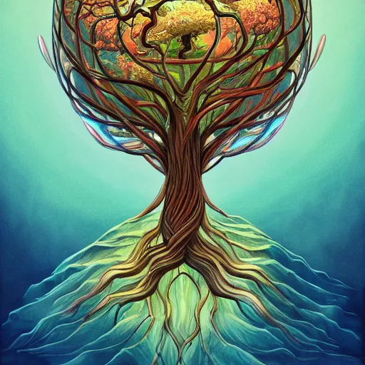 Image similar to yggdrasil the tree of life, avatar the last airbender, Alex Grey, Studio Ghibli, mobius, k pop, featured on artstation