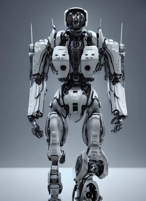 Image similar to a Photorealistic dramatic hyperrealistic render of a futuristic exosuit warrior Mech,Ultra realistic details,glossy white metal by Vitaly Bulgarov and Mike Nash,Beautiful dramatic dark moody tones and lighting,cinematic atmosphere,studio lighting,shadows,dark background, Octane render,8K