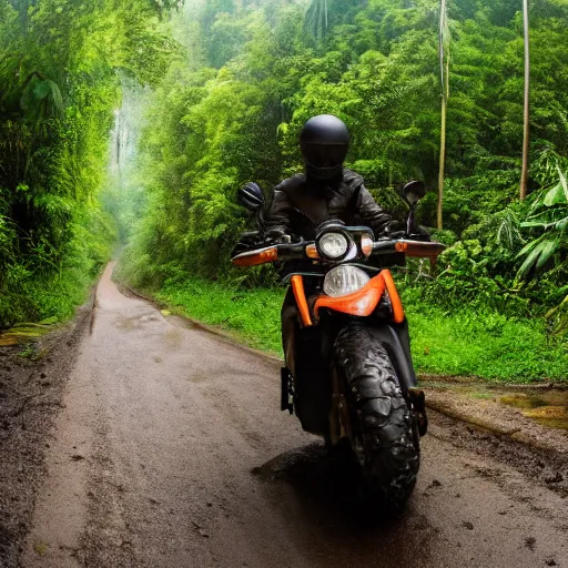 Image similar to potato riding a motorcycle through the jungle off - road low angle with rain and lightning