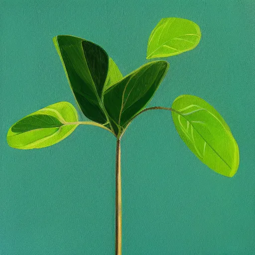 Image similar to an abstract painting of a dark green plant growing to take up everything against a mint green background, painting