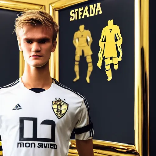 Prompt: a realistic detailed photo of a guy who is an attractive humanoid who is half robot and half humanoid, who is a male android, soccer player martin ødegaard, shiny skin, posing like a statue, blank stare, in a living room, on display, showing off his muscles, gold soccer kit