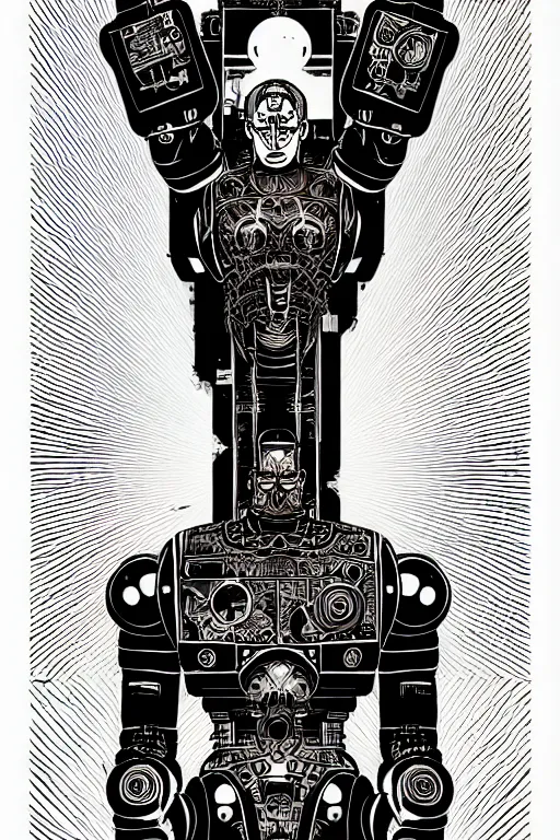 Prompt: blank ink and pen illustration of a cyborg robot 1000 arm Avalokiteshvara , golden ratio, character concept art by character concept art by Shepard Fairey, james jean, Mike Mignola, Laurie Greasley, highly detailed, sharp focus, sharp linework, clean strokes, motherboard, Artstation, deviantart, artgem