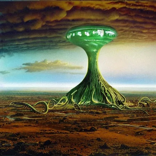 Prompt: wide angle view, thundra ufo crash site, team of scientists studying captured alien octopus, by bruce pennington