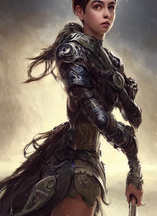 Image similar to a professional portrait of a beautiful young female, clothed in ethereal battle armor, olive skin, long dark hair, beautiful bone structure, symmetrical facial features, intricate, elegant, digital painting, concept art, smooth, sharp focus, finely detailed, illustration, from Valerian and the City of a Thousand Planets, in the style of Ruan Jia and Mandy Jurgens and Artgerm and Greg Rutkowski and William-Adolphe Bouguerea