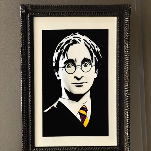 Prompt: individual harry potter silk screen portrait banksy style