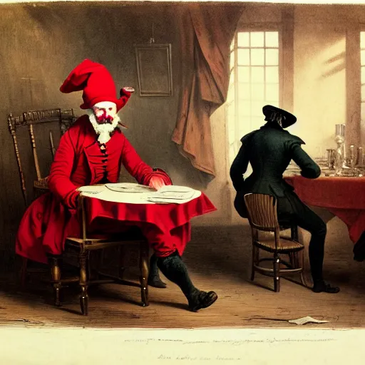 Image similar to 1862, a sad plotting man in a 1862 red jester suit with jester hat sitting in a wooden chair near a table covered with cloth. the room is dimly lit. gathering of people in other room to right side of image art style of Jan Matejko, ominous, realistic, highly detailed