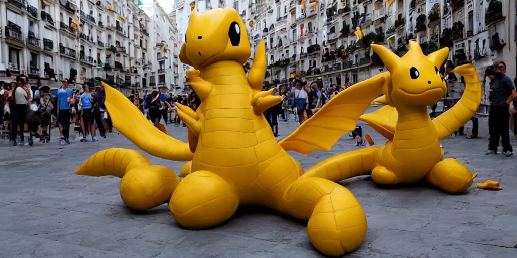 Prompt: Dragonite Pokemon visits Madrid,