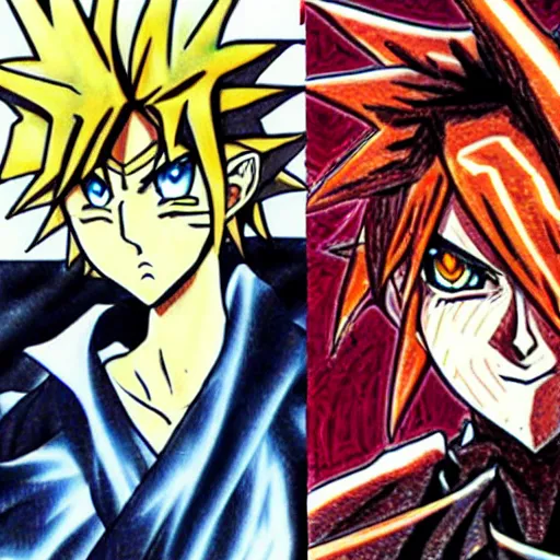 Prompt: anime, manga drawing of yugi muto versus sauron from lotr lord of the rings, yu - gi - oh art