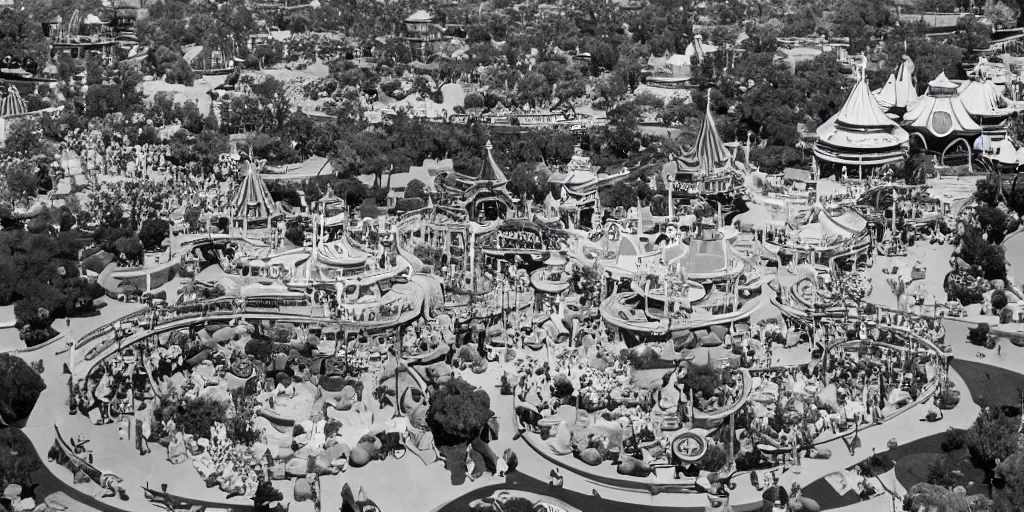 Image similar to 35mm photo of Disneyland, high angle view, 1965, colorized