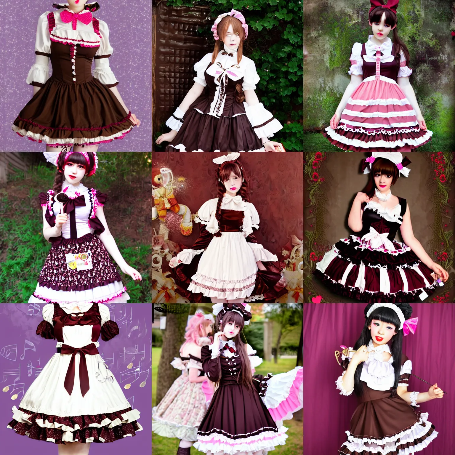 Prompt: lolita dress coord, chocolate theme, music theme, photo