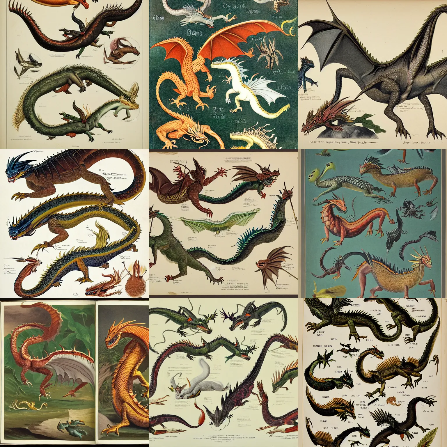 Prompt: field guide for identifying diffrent species of dragons, showing an example of a male and female of each spwcies, by john james audubon