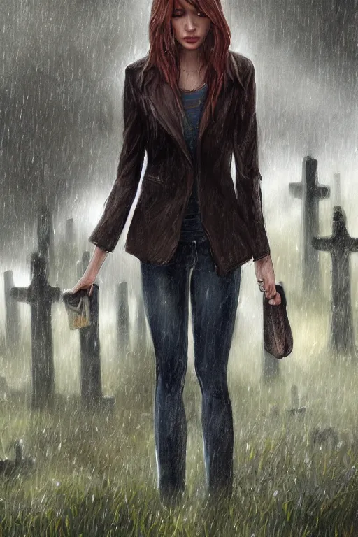 Image similar to tv scene of rachel amber from life is strange standing in a graveyard in the rain, highly detailed, sharp focused, ultra realistic digital concept art by Alyssa Monks, Charlie Bowater