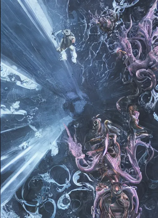 Image similar to astronauts in dark and empty void underwater - complex and hyperdetailed technical suit. reflection and dispersion materials. rays and dispersion of light. volumetric light. 5 0 mm, f / 3 2. noise film photo. flash photography. ultra realistic, wide angle. poster by wayne barlowe, hajime sorayama aaron horkey, craig mullins