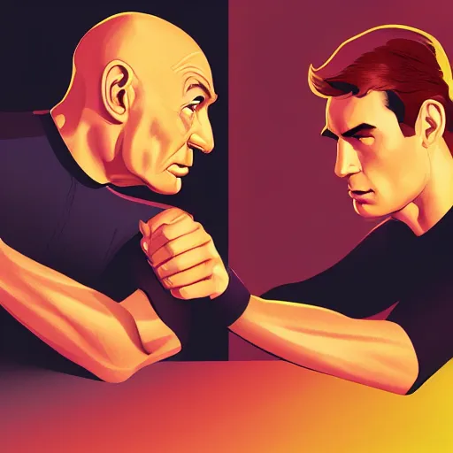 Prompt: Captain Kirk arm wrestling Jean Luc Picard, ambient lighting, 4k, saul bass, john alvin, bill gold, richard amsel, ralph mcquarrie, lois van baarle, ilya kuvshinov, rossdraws, artstation