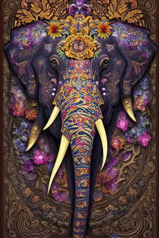 Image similar to Painted dark-wood relief carving of a Flowerpunk Matriarch Elephant, explosion of colorful flowers, dark wood, intricately carved, black ink, festival of rich colors, intricate details, cinematic lighting, volumetric lighting, backlit, post-processing, by andreas rocha and john howe, and Martin Johnson Heade, featured on artstation, featured on behance, golden ratio, ultrawide angle, hyper detailed, photorealistic, epic composition, wide angle, f32, well composed, UE5, 8k