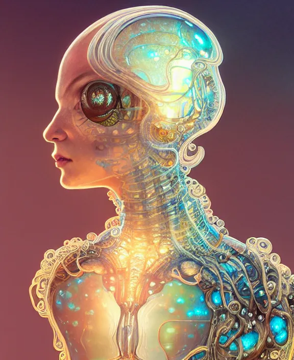 Prompt: intricate ornate opulent transparent clear see - through portrait of a cybernetic beautiful male alien sea slug, mottled coloring, adorable, childlike, apocalyptic environment, ultra realistic, concept art, art nouveau, photorealistic, octane render, 8 k, unreal engine. art by christopher marley and artgerm and greg rutkowski and alphonse mucha