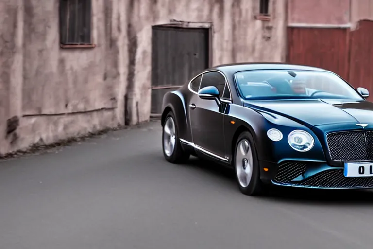 Image similar to modern rusty matte tired Bentley Continental GT without gloss no reflections drives along the road of an old Russian village with houses at the edges