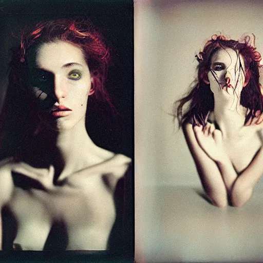 Image similar to kodak portra 4 0 0, wetplate, photo of an artsy model, girl, vogue shooting, weird and unique fashion, photographed by paolo roversi style