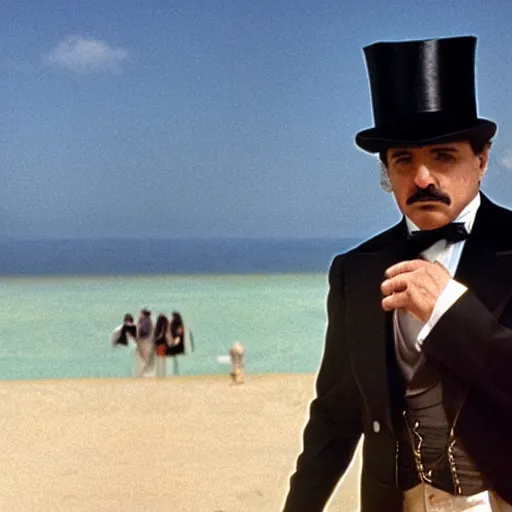 Prompt: the godfather wears a top hat. 5 0 mm, cinematic, technicolor. sea and beach and a man in the background.