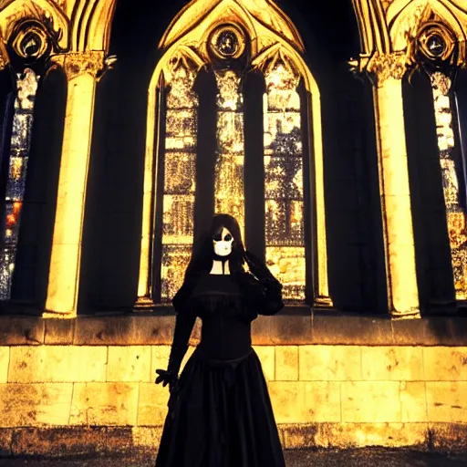 Image similar to gothic girl dressed in black, behind her a gothic cathedral, dramatic lights, dark ambients, the windows of the cathedral are reflecting red flame lights, golden hour, detailed face, intricate ornaments