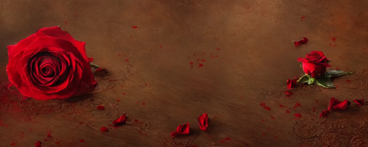 Prompt: a single red rose is on a wooden table with subtle intricate carved filigree and drops of blood, close up view, dramatic lighting, DOF, soft, sharp focus, art nouveau, intricate artwork by Raymond Swanland and Ruan Jia and Greg Rutkowski