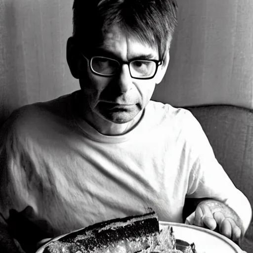 Prompt: steve albini eating a loaf of fresh bread and some good cheese or roast beef, portrait, by francois bucher