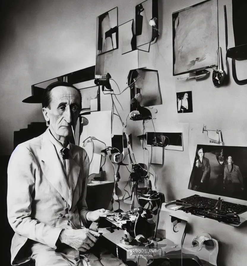 Image similar to Kodachrome portrait of Marcel Duchamp with an technological machine, archival pigment print in the style of Hito Steyerl, studio shooting, contemporary art