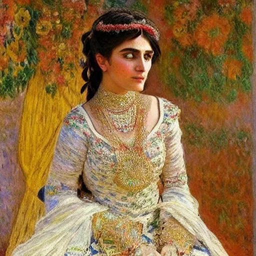 Image similar to full body portrait of a beautiful Kurdish bride wearing a beautiful wedding dress, very detailed eyes, hyperrealistic, beautiful and symmetrical face, very detailed painting by Claude Monet and Alphonse Mucha, trending on artstation, extremely high detail, incredibly intricate