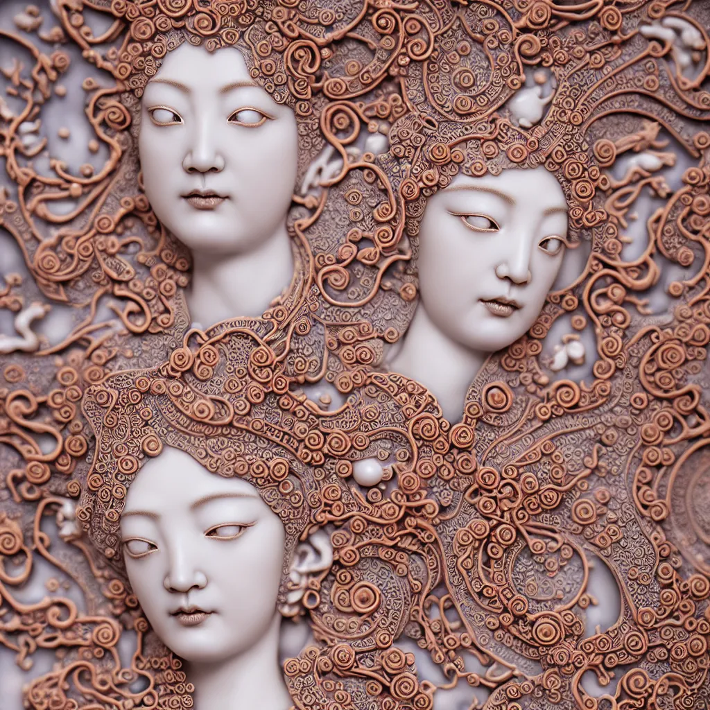 Prompt: The Goddess of Beauty, A Close up photo-real delicate ceramic porcelain sculpture of a symmetrical ornate detailed in front of an intricate background by Victo Ngai and takato yamamoto, micro detail, backlit lighting, face in focus, subsurface scattering, translucent, thin porcelain, octane renderer, colorful, physically based rendering, japanese pottery, trending on cgsociety