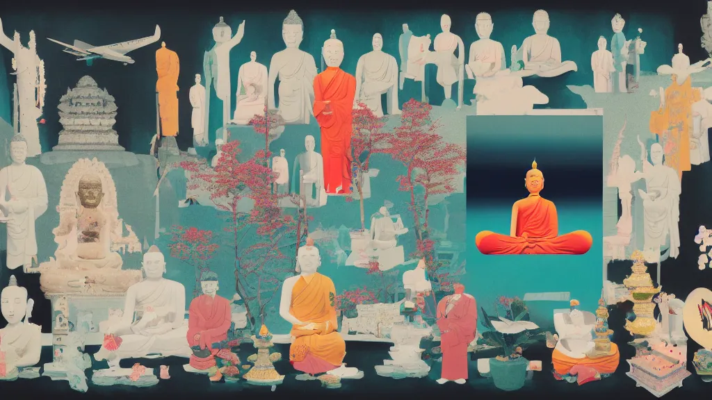 Image similar to an arrangement of buddhism traveller props, japan, a collage painting, in the style of wes anderson, lola dupre, david hockney, isolated on negative white space background dark monochrome neon spraypaint accents volumetric octane render