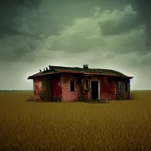 Prompt: an abandoned old rusty American house on a field in style of Zdislaw Beksinski