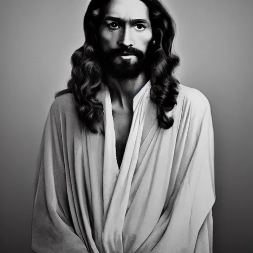 Image similar to photograph portrait of Jesus Christ, B&W, Vogue magazine, taken on 1970s kodak camera, grainy, kodak, fashionable, 4k, very realistic, hiper detailed, trending on artstation, studio, 35mm