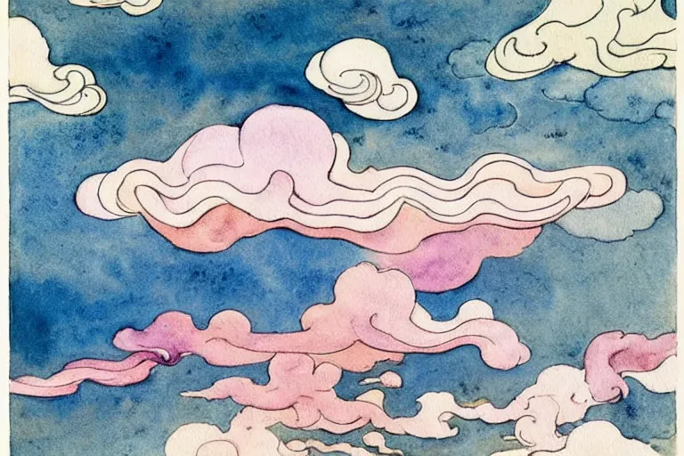 Prompt: watercolor clouds in sky art by kay nielsen and walter crane, illustration style, watercolor