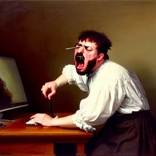 Image similar to an angry man yells at his computer monitor, oil on canvas, 1 8 8 3, highly detailed