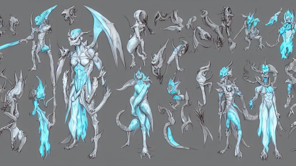 Image similar to a fantasy white and pale blue draconian demon with bright eyes character design sheet, trending on artstation