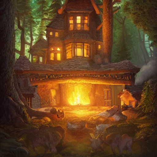 Prompt: a detailed illustration idyllic the house with smoke coming out of the chimney in the forest scene by Justin Gerard, trending on artstation, cgsociety, deviantart