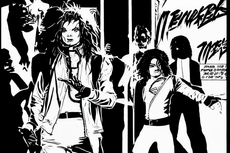 Image similar to michael jackson dancing, a page from cyberpunk 2 0 2 0, style of paolo parente, style of mike jackson, adam smasher, johnny silverhand, 1 9 9 0 s comic book style, white background, ink drawing, black and white