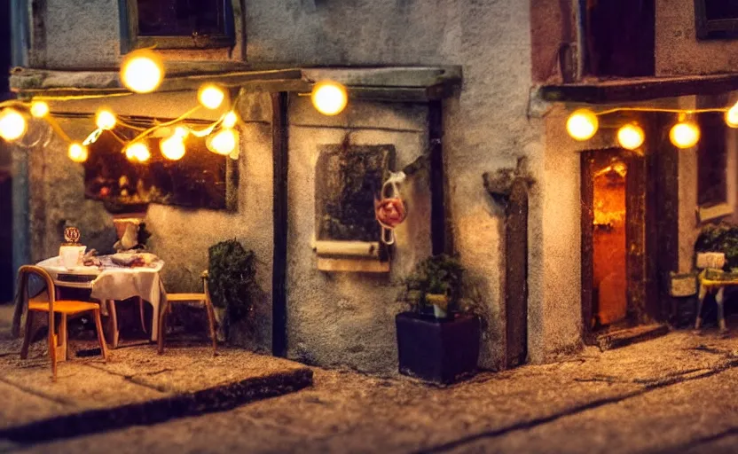 Image similar to mini cafe diorama macro photography, cafe for felted animals, alleyway, ambient, atmospheric photograph, string lights, romantic