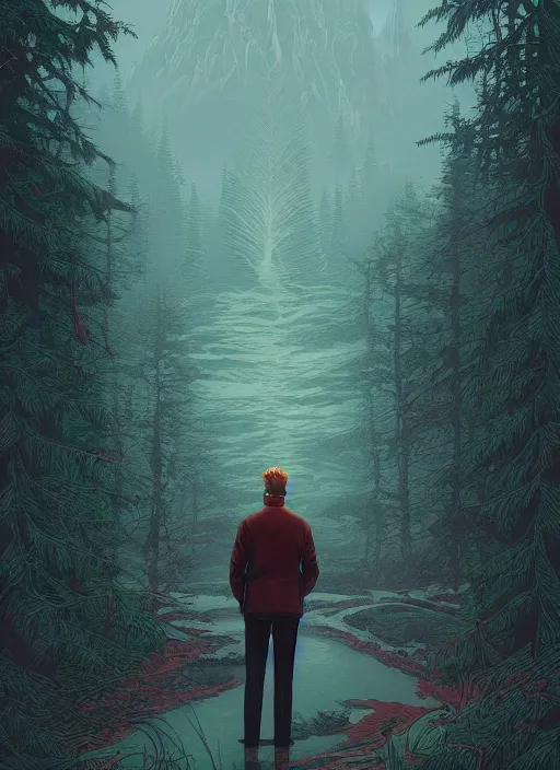 Prompt: Twin Peaks movie poster artwork by Tomer Hanuka and Michael Whelan, Rendering David Bowie in Twin Peaks protector of the forest full of details, by Makoto Shinkai and thomas kinkade, Matte painting, trending on artstation and unreal engine